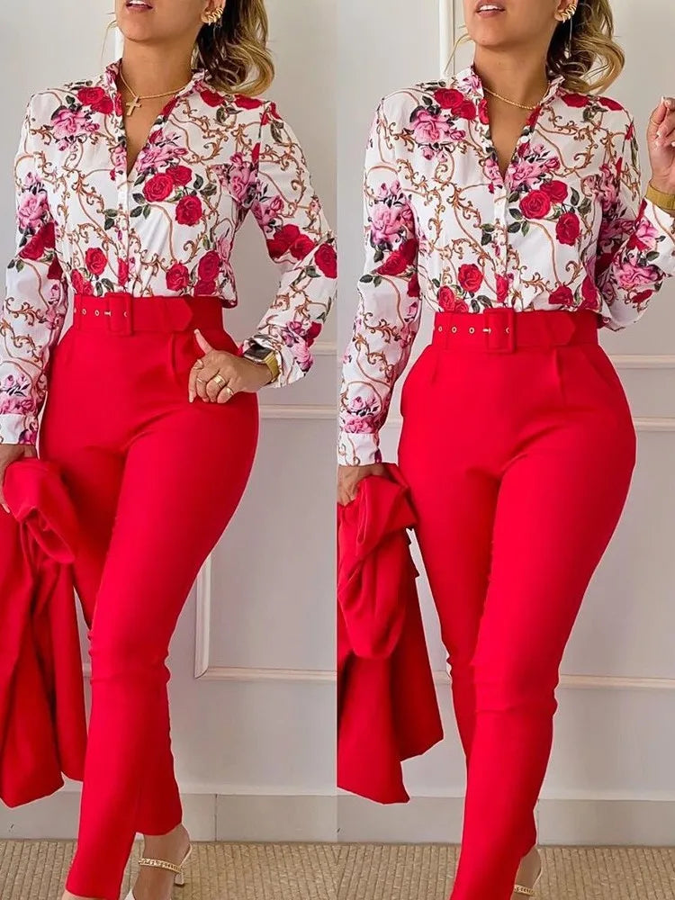Elegant Women Shirt Two Piece Set Suits Fall New Fashion Print Long Sleeve Top Black Pants Set With Belt Blouses Female Clothing