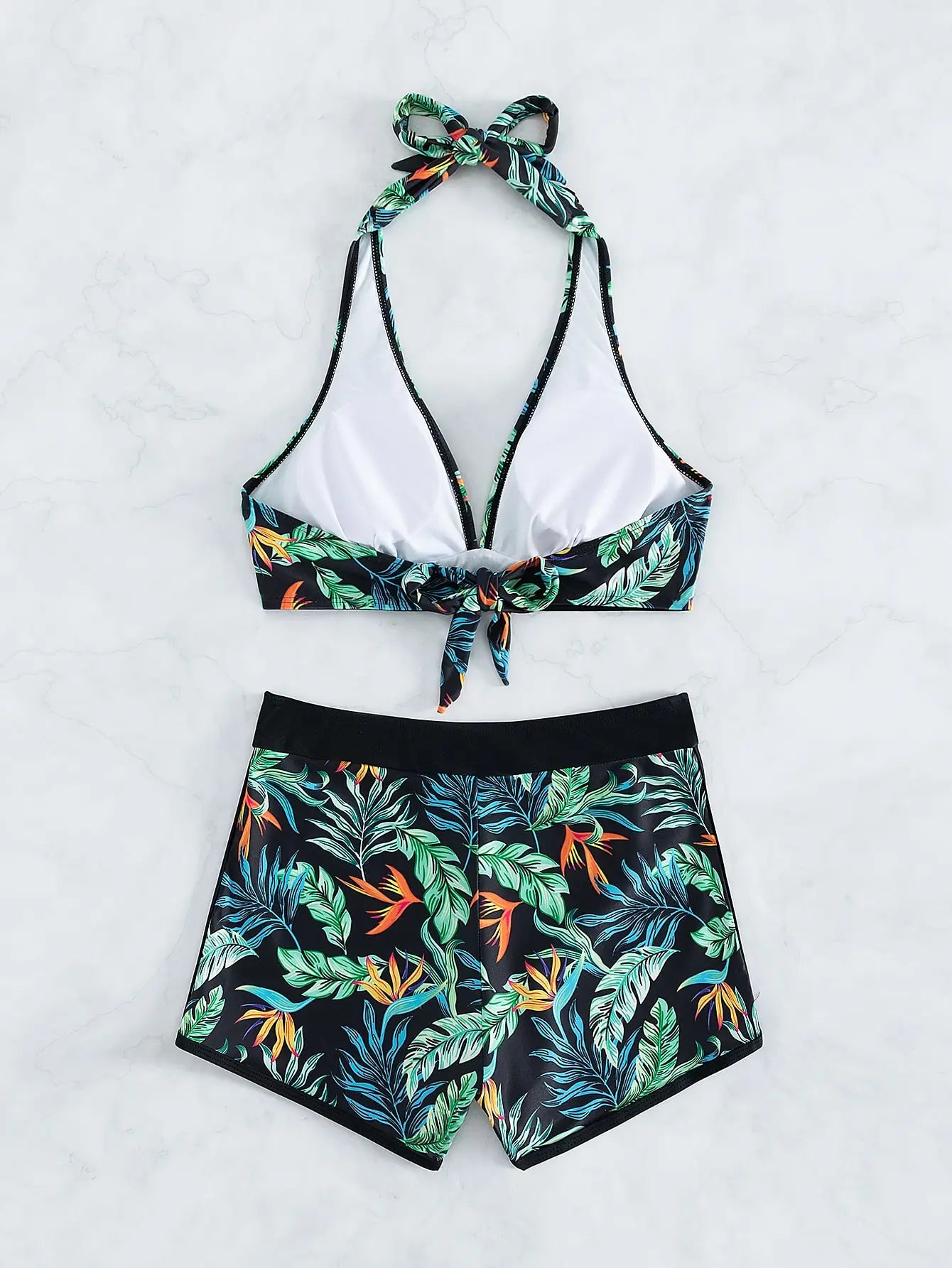 Halter Bikini Set: High Waist Design Wire-Free Support Spandex Polyester - Kurzer Schwimmanzug Frauen Bedruckte Bademode Polsterung Strandmode