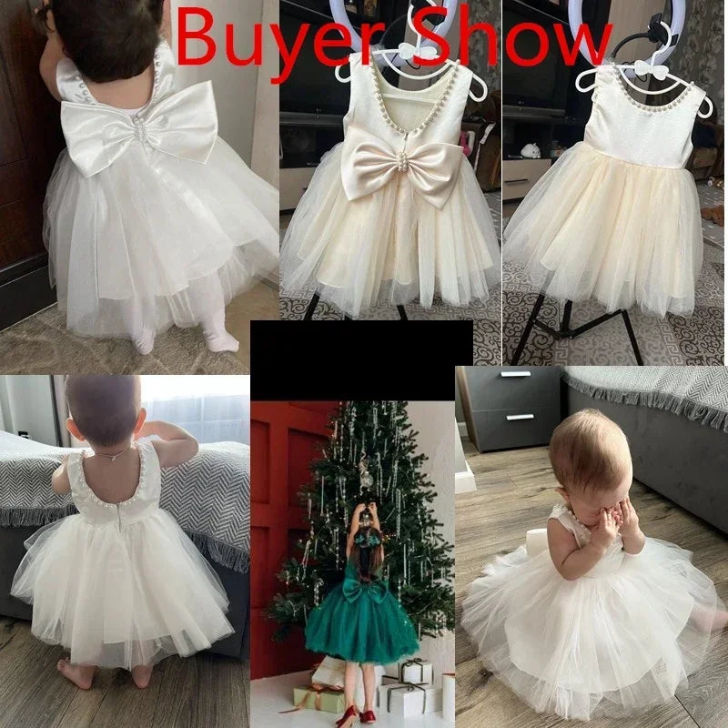 Baby Mädchen Kleid Große Schleife Perlen Rückenfrei 1. Geburtstag Party Kleid Säugling Mädchen Prinzessin Hochzeit Tüll Kleid Taufe Kleid 1-5J