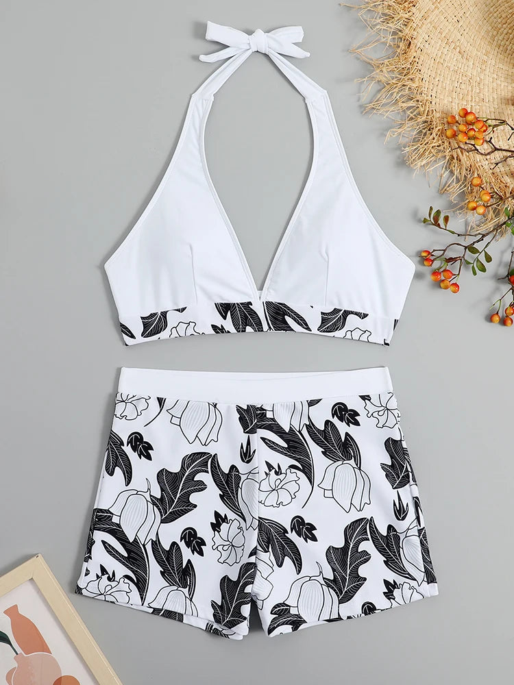 Halter Bikini Set Kurzer Schwimmanzug Frauen High Waist Bedruckte Bademode
