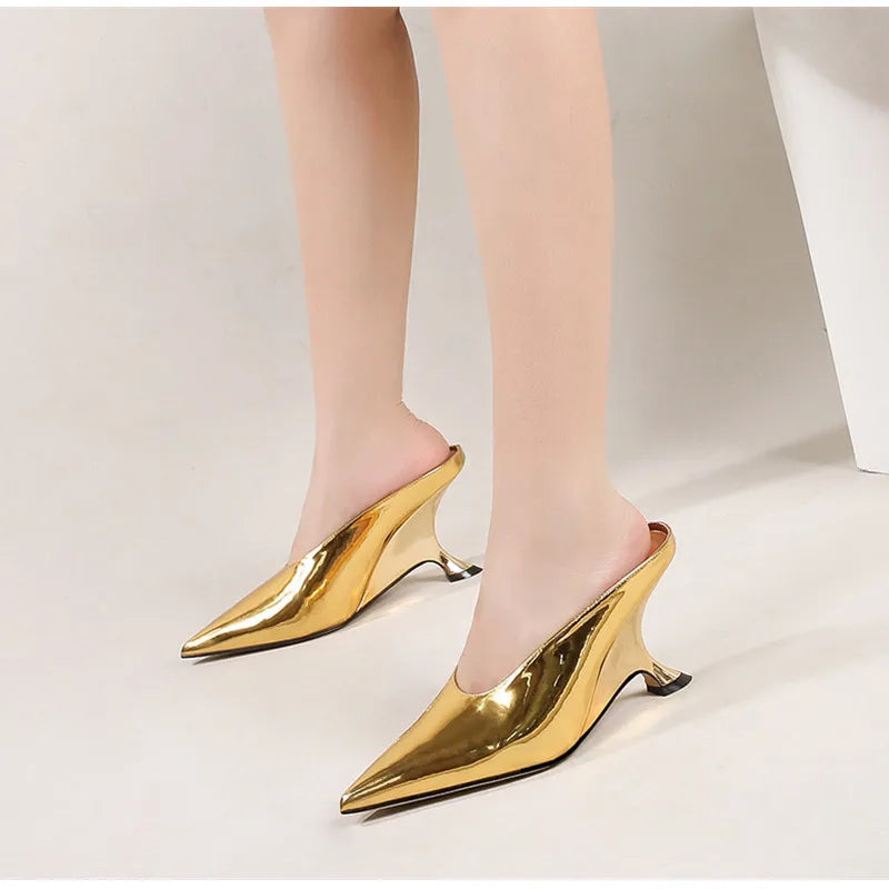 Elegant Pointed Toe Women Slippers Shoes Designer Shallow Fashion Spring Autumn Wedges High Heels Banquet Mule Zapatos De Mujer