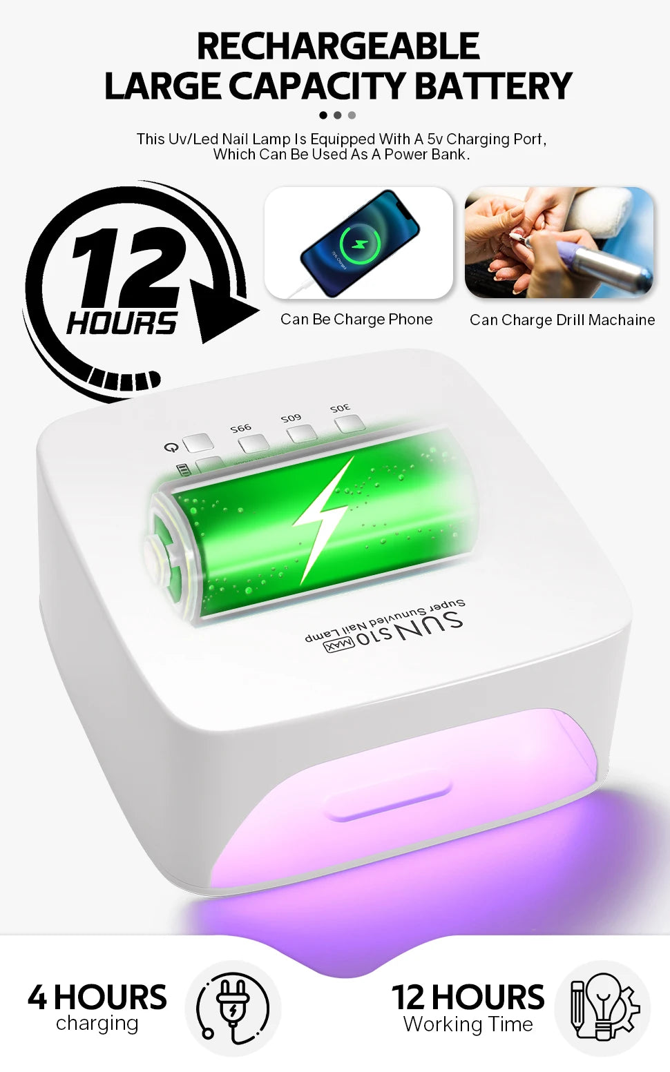 DianaBeauty 120W UV LED Nageltrockner - 30 LED 3 Timer Akku