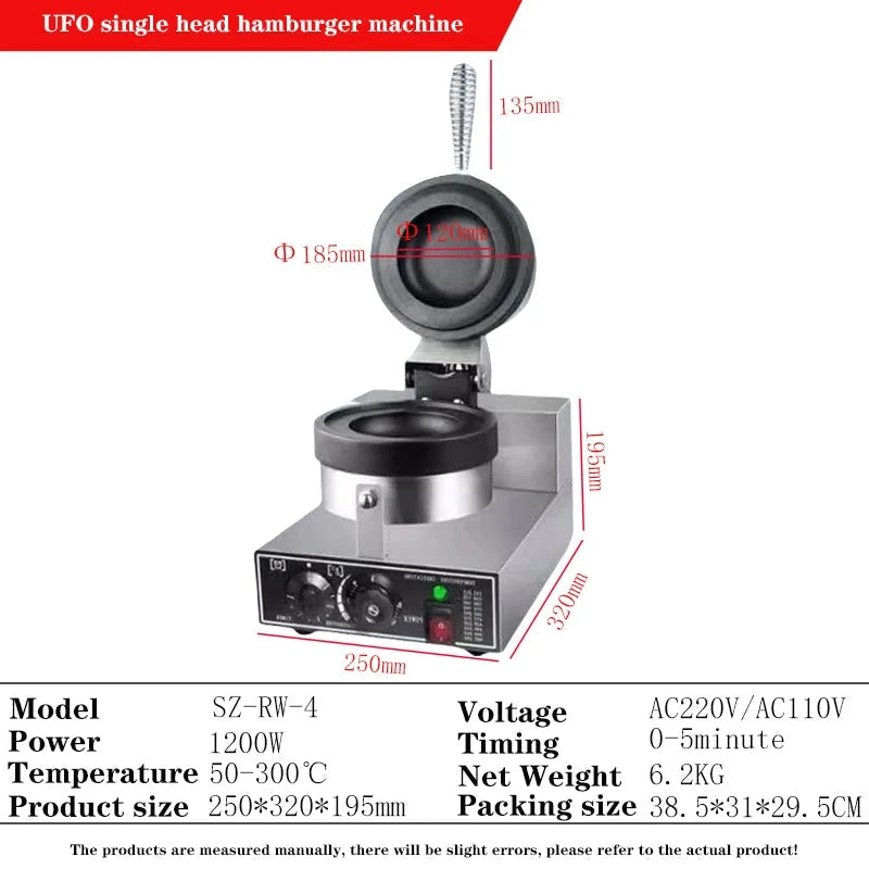 WaffelPro UFO Vielseitiges Eis Burger Gerät - Leistung 1000-1500W, Maße 28x23cm