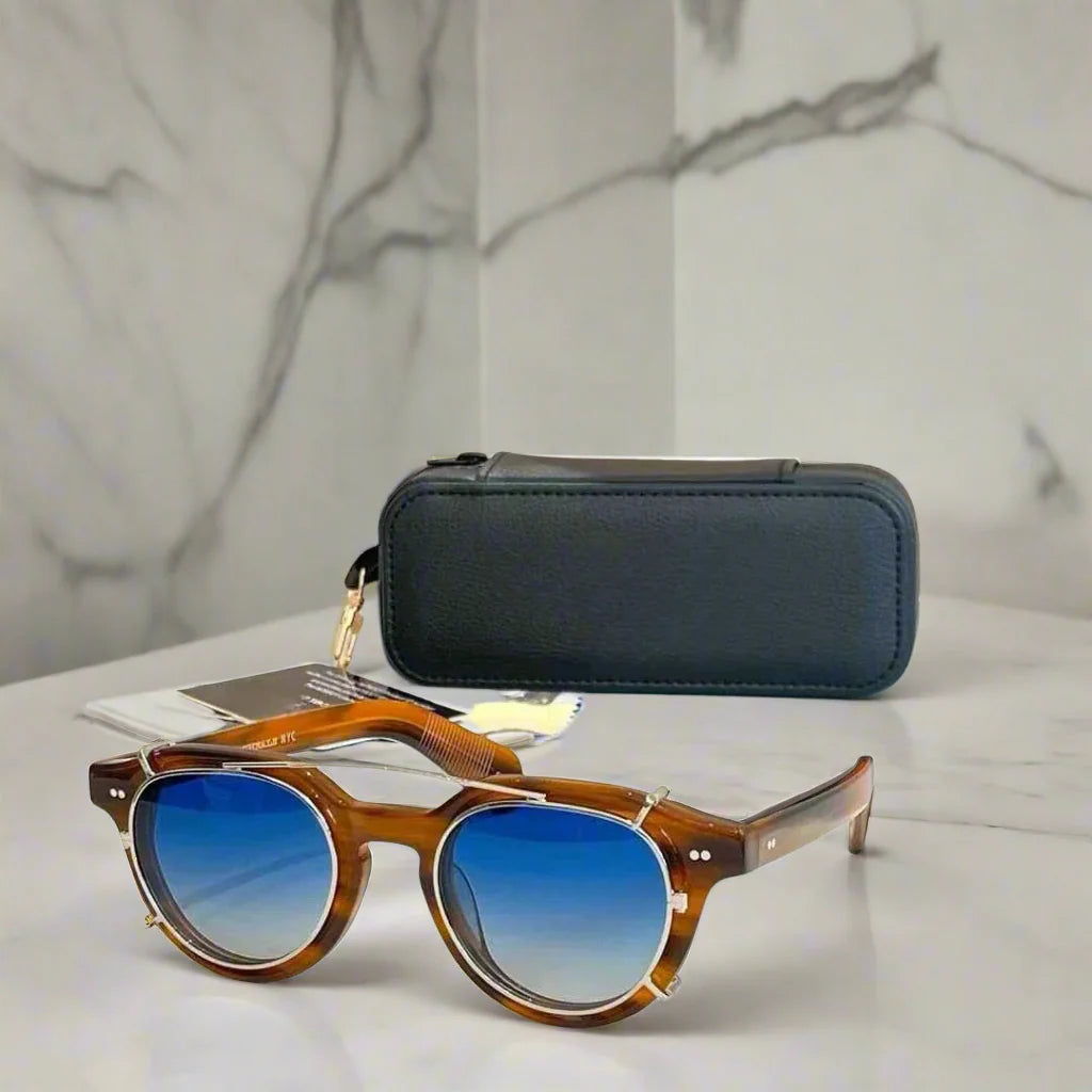 Moscot Baitsim handcrafted acetate clip-ons with iconic oval shape sunglasses