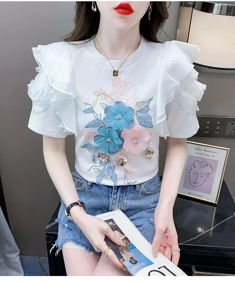 Ruffled White T-shirt Women's Short-Sleeved Floral Tshirt 2023 Summer New High-End Heavy Embroidery Flower Chic Top Tees