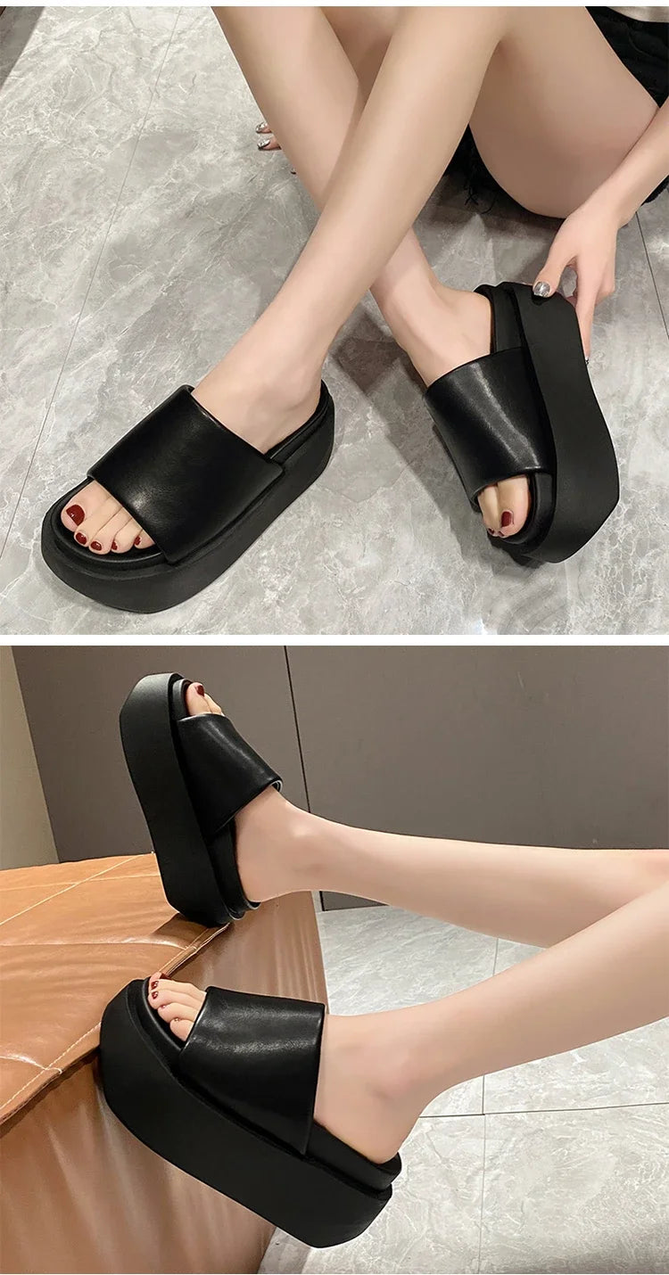 Summer Women Slippers Ladies Beach Flip-Flops Chunky Leather Shoes Wedges Heels Outside Sandals Woman High Platform Slippers 8CM