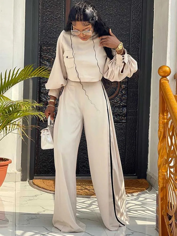 Elegant Women's Sets Two Pieces Solid Color Set Autumn Spring Piece Long Sleeve Loose Blouse and Pants Female Suit Bourgeois