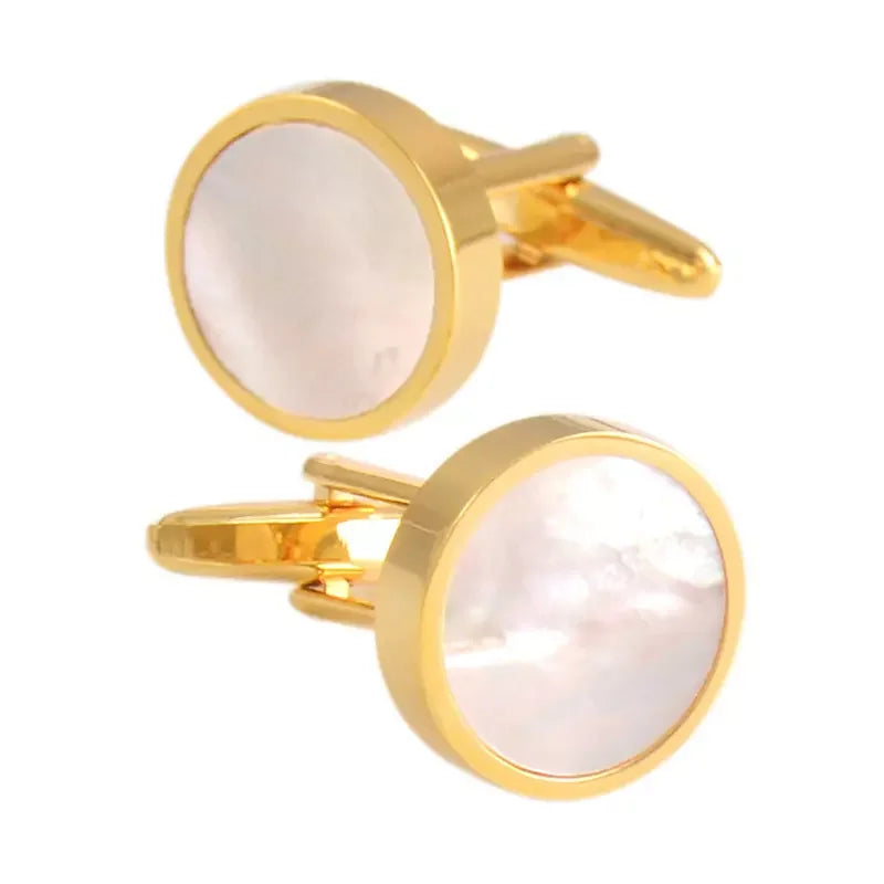 Hot Sale Gold Color Pearl Shell Cufflinks Lepton Stainless Steel Round Cufflink for Mens Wedding Business Cuffl Links Gemelos