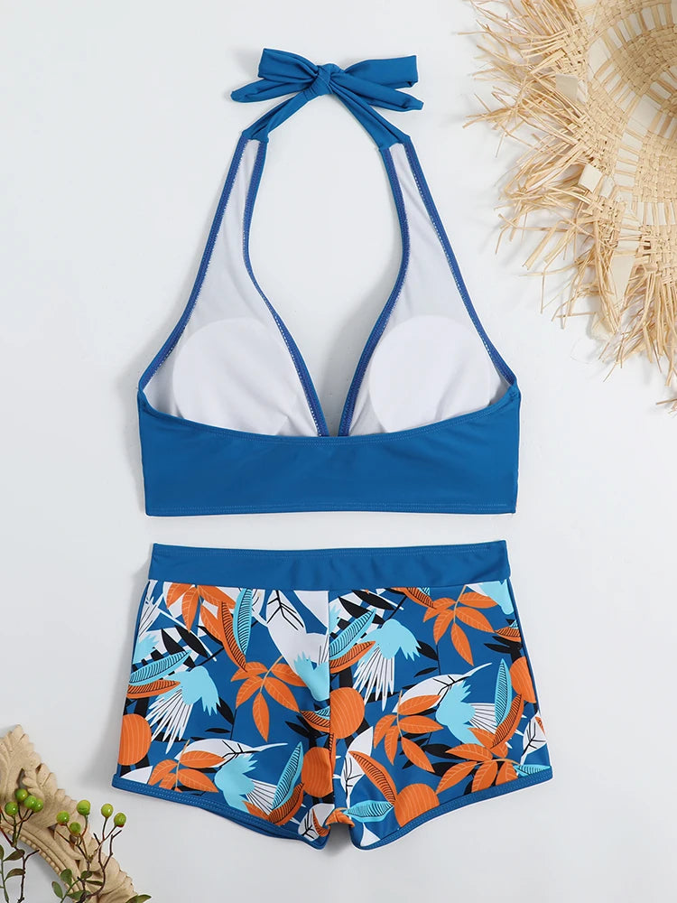 Halter Bikini Set: High Waist Design Wire-Free Support Spandex Polyester - Kurzer Schwimmanzug Frauen Bedruckte Bademode Polsterung Strandmode