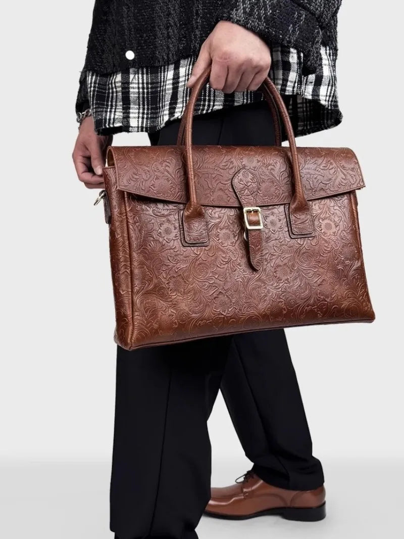 Vintage flower carved leather bag  single shoulder briefcase & business satchel