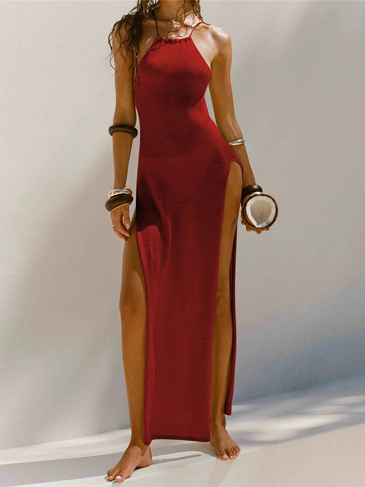 Elegant 12 Farben High Slit Häkel Gestrickt Maxi Kleid - Lang Strand Cover Up Urlaub Party Kleider Strandmode