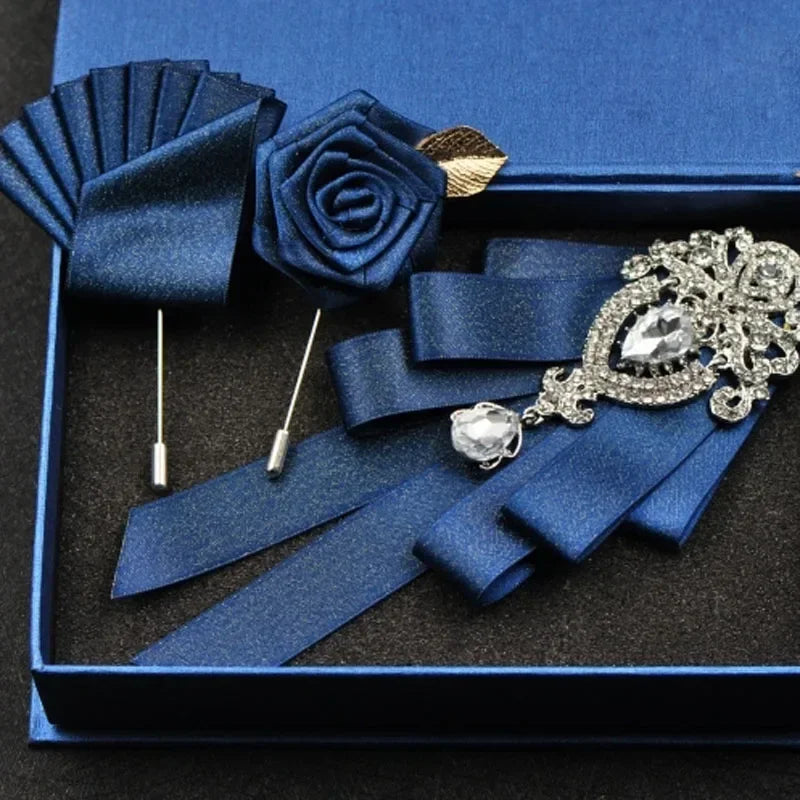 Fashion Handmade Bow Tie Wedding Collar Luxury Rhinestone Bowtie Necktie Brooch Pocket Towel Square Set Gift for Men Accessories