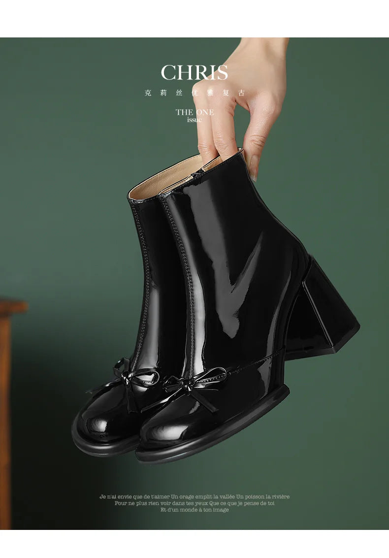 Elegant High Heels Women Ankle Boots Bow Sweet Shoes Winter New 2025 Trend Chunky Pu Leather Party Dress Snow Boots Pumps Mujer