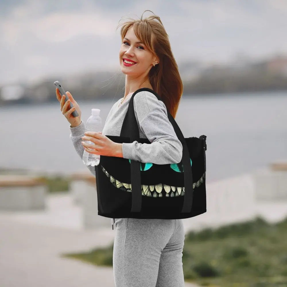 Custom Cheshire Cat Beach Tote Bag for Women We're All Mad Here Cat Big Compartment Gym Beach Travel Bags