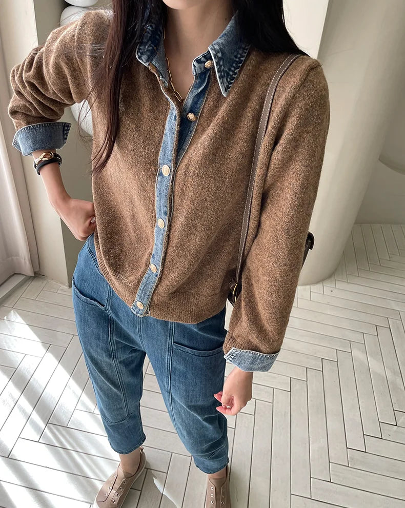 BigLargiCN Strickcardigan Herbst Denim Patchwork Damen Korean Stil - Gewicht 120–220 g/m² Länge Regular Lockere Passform