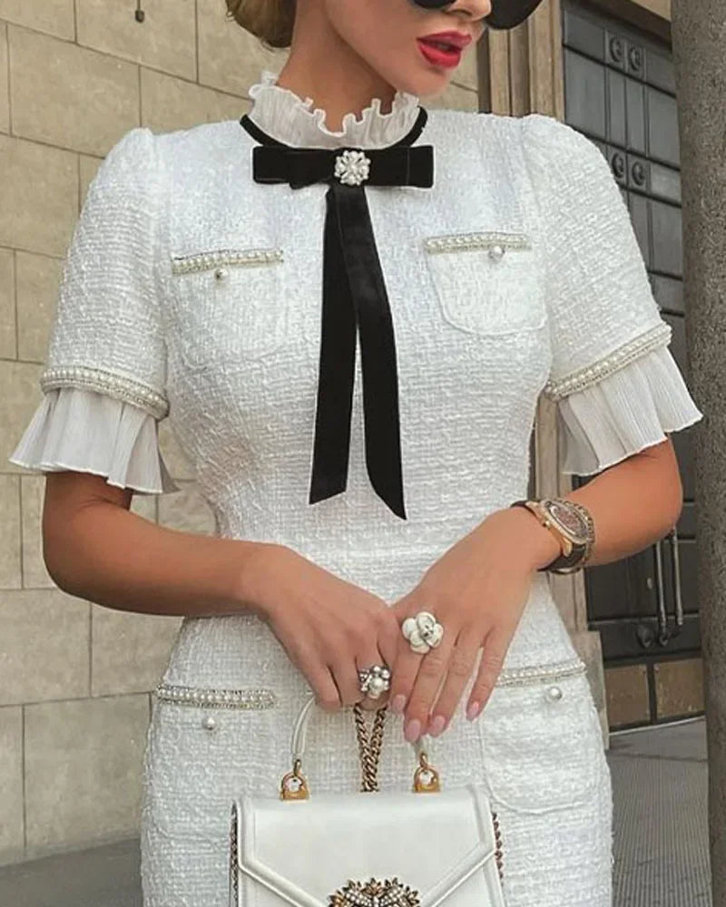 Elegant Dresses Women Fashion 2025 New Slim Short Sleeves Bow Ruffle Hem Beaded Fragrant Breeze White Dress Lady Office Clothes