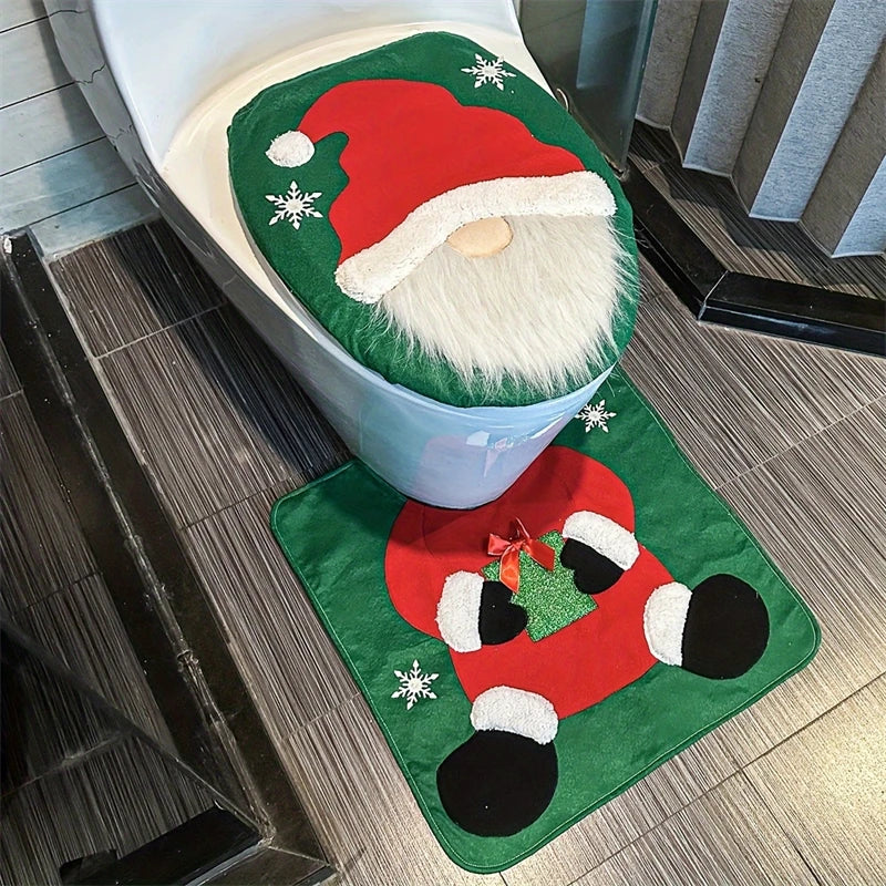 Funny Santa Toilet Seat Cover Set 2PC, Christmas Bathroom Decor With Soft Mat For Xmas Party Home Decoration Gift