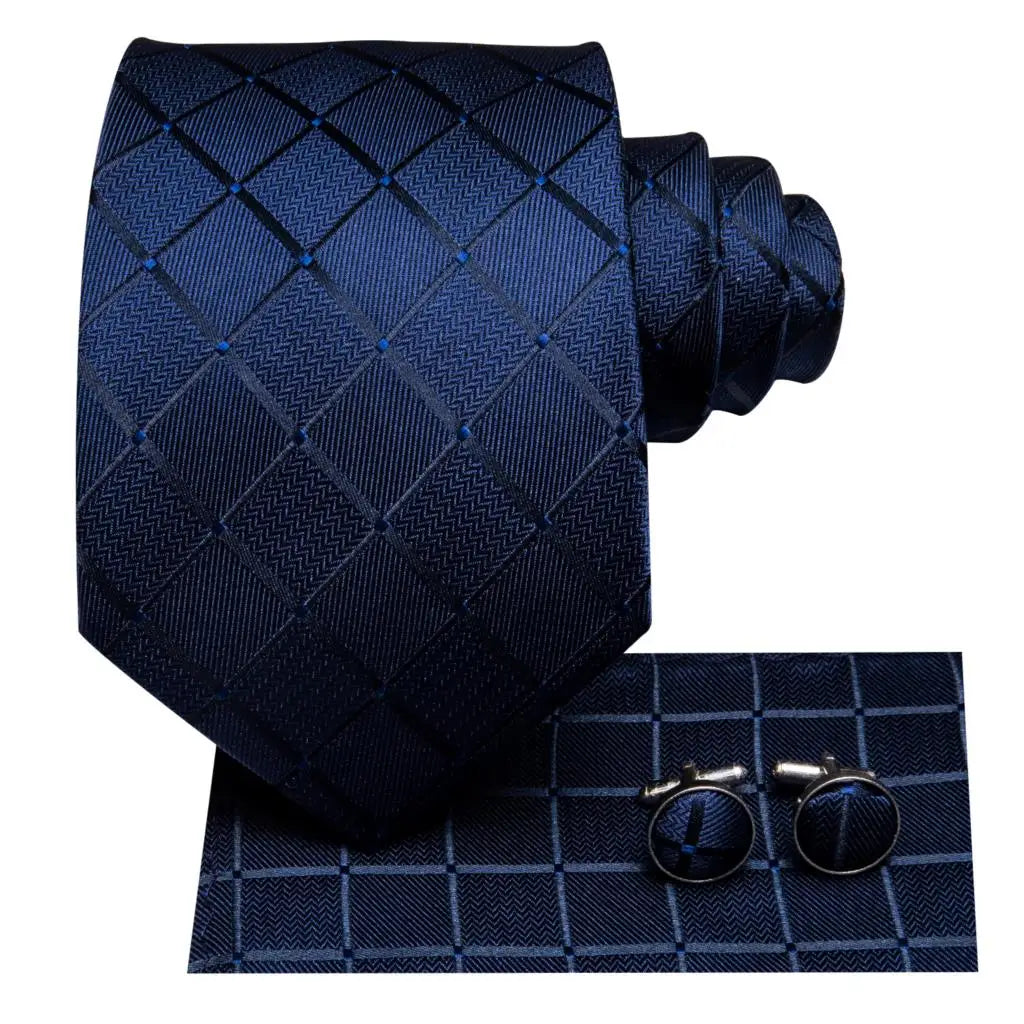 Navy Blue Plaid Silk Wedding Tie For Men Handky Cufflink Gift Mens Necktie Fashion Designer Business Party Dropshiping Hi-Tie