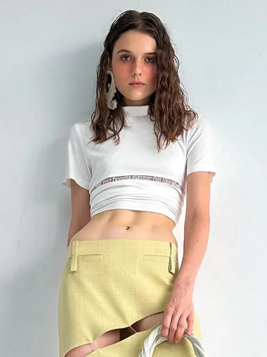 White T Shirts For Women Streetwear Letters Tshirt Hollow Out Crop Top Y2k Clothes Short Sleeve Ropa De Mujer Slim Fit Camisetas