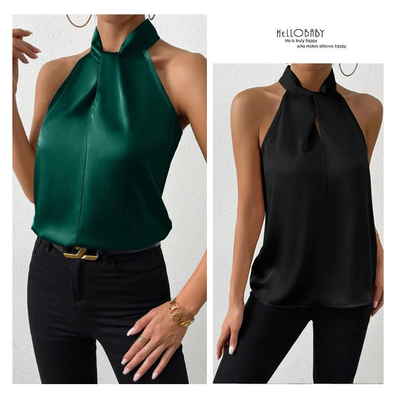 Women's Tops 2025 Summer New European and American Clothes Satin Halter Sleeveless Vest elegant Commuting Satin Simulated Silk Top