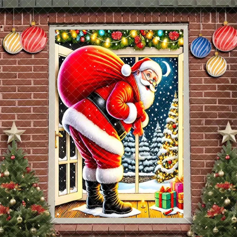 Merry Christmas Door Banner Santa Claus Window Hanging Christmas Tree Snowman Backdrop Cute Elf Room Supplies Party Decorations