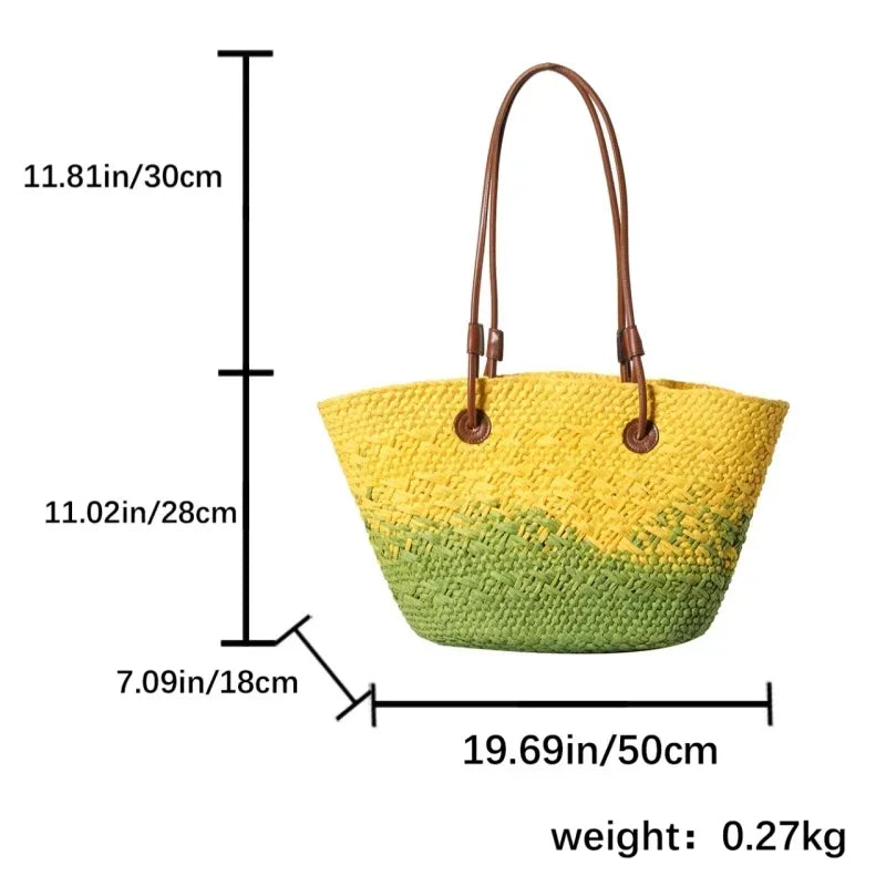 Summer Seaside Beach Bag Hand-woven Large Capacity Straw Tote Bag Gradient Color Design Women 's Travel  Vacation Shoulder Bag