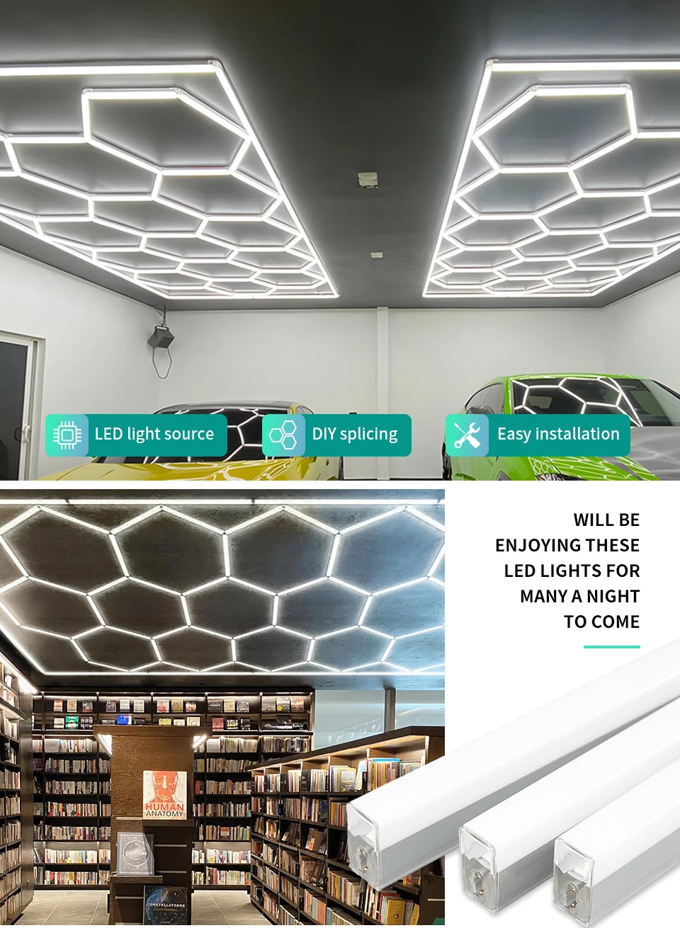 Hexagonal ceiling light BarberShop Car Garage LED Light 6500k LED tube for Gym Bar Hair Salon Library Workshop Auto Body Repair