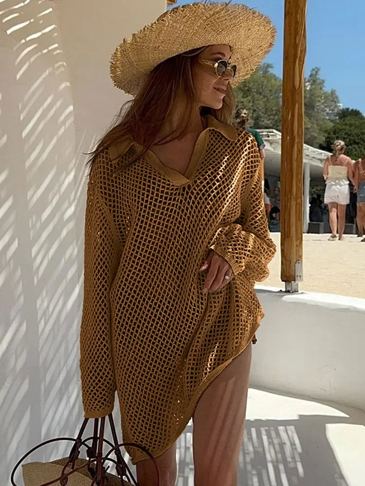 Einfarbig Strand Stricken Mini Kleid - Frauen Sommer Elegant Dekorative Details Langarm - Badeanzug Cover Up Boho Urlaub Lose Beachwear