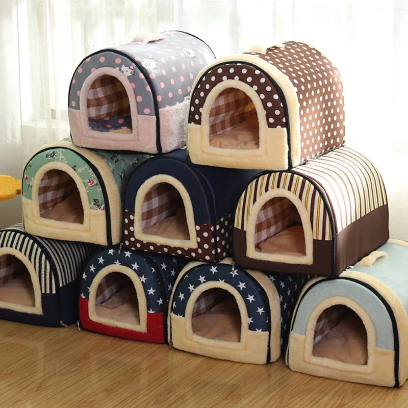 Pet Bed Foldable Dog House Kennel Soft Tent Indoor Enclosed Warm Plush Sleeping Nest Basket with Removable Cushion For Cats Dogs