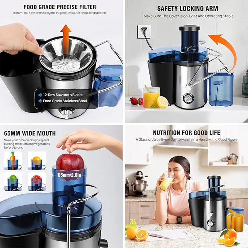 900W Zentrifugal-Saftor - Für ganze Früchte und Gemüse, 65mm breite Öffnung, 2 Geschwindigkeiten, 500ml Kapazität