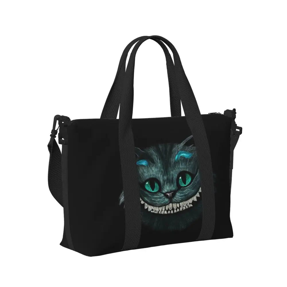 Custom Cheshire Cat Beach Tote Bag for Women We're All Mad Here Cat Big Compartment Gym Beach Travel Bags
