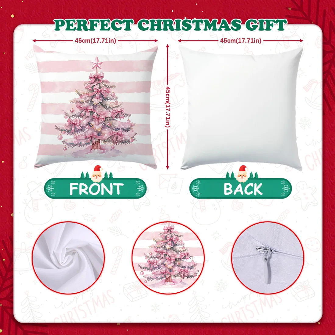 45 * 45cm Pink Christmas Throw Pillow Cover Pink Striped Snowman Christmas Tree Cane Santa Claus for Home  Sofa Cushion Cover