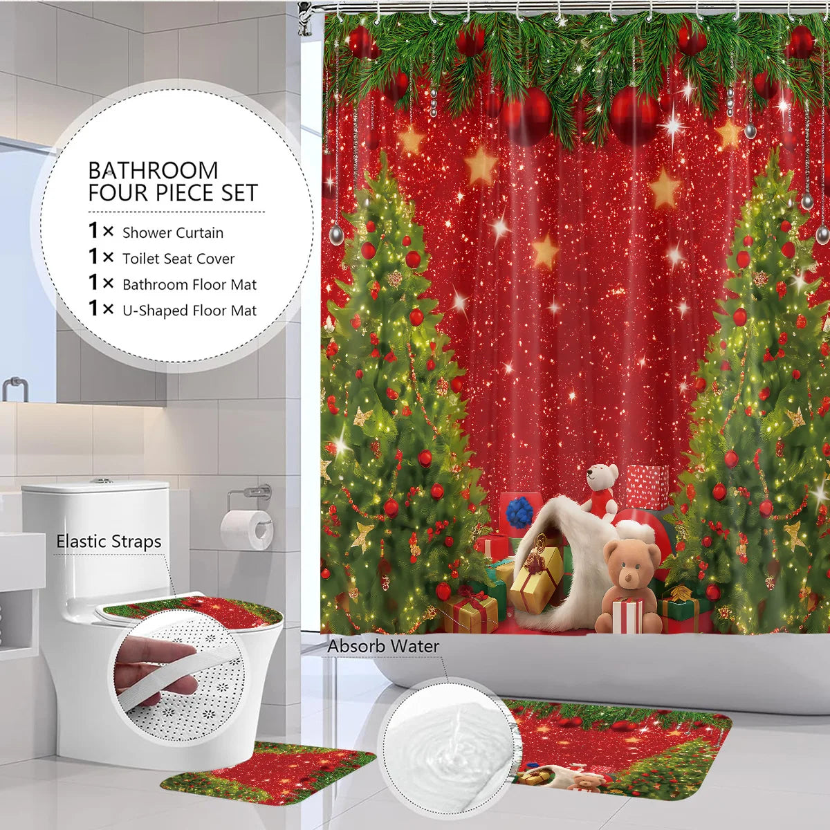 4pcs Merry Christmas Christmas Tree Printed Bathroom Set 180x180 Waterproof Shower Curtain, Floor Mat, U-shaped Mat, Toilet Mat