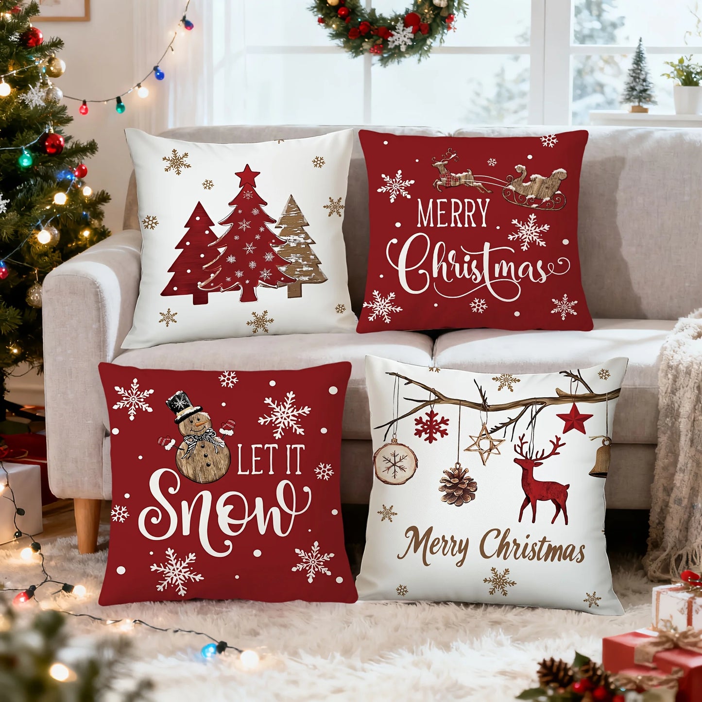 4pcs Floral Christmas Pillow Covers – Tree and Winter Holiday Design for Porch Patio Sofa Living Room Outdoor and Home Decor