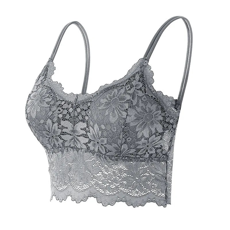 Damen BH 2025 - Blumen-Spitzen BH ohne Bügel mit Bogenkante & Doppelträgern