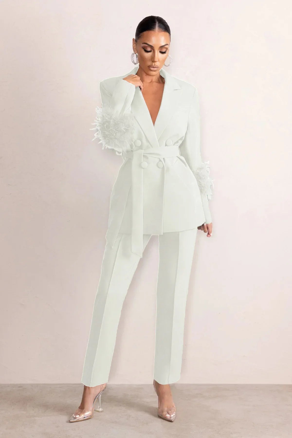 Elegant Women 2 Piece Set Solid Notched Neck Blazer Zipper Long Pants Feather Upright Coat Ladies Suit Fall Winter Office Wear