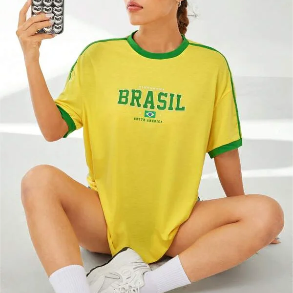 ZSSKASLCN Damen T Shirt Brasil Print - Grün Gelb Slim