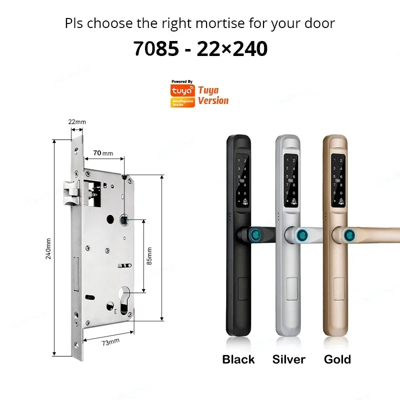 92/85mm Wasserdichter Outdoor-Fingerprint-TUYA-WIFI-APP-RFID-Karten-Code-Schlüssellos-Smart-Elektronischer-Türschloss-Aluminium/Glas-Schiebe