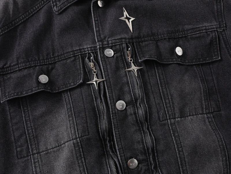Washed Black Cargo Denim Jacket Men Baggy Zip Up Distressed Outerwear American High Street Blue Loose Casual Jeans Jacket