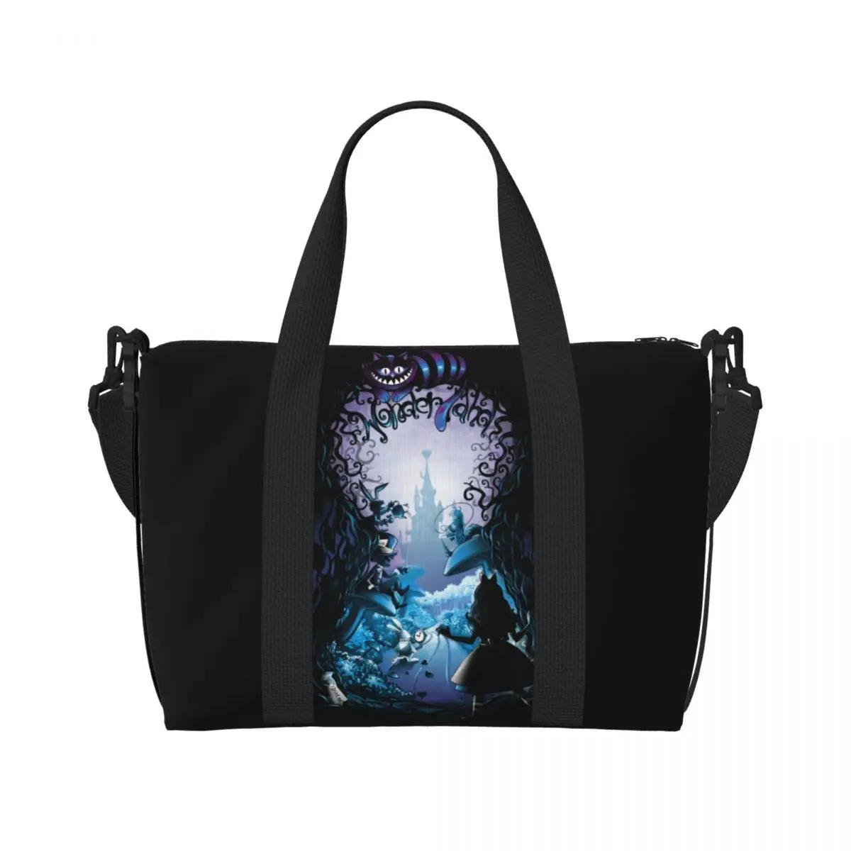 Custom Cheshire Cat Beach Tote Bag for Women We're All Mad Here Cat Big Compartment Gym Beach Travel Bags