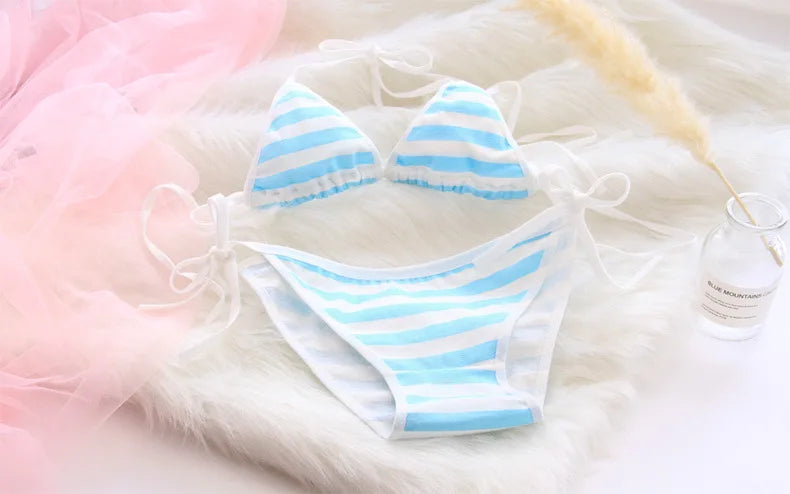 Japanische Lingerie 2025 - Lolita Kawaii Blau Pink Weiß Gestreift Mini-Bikini Cosplay BH Set