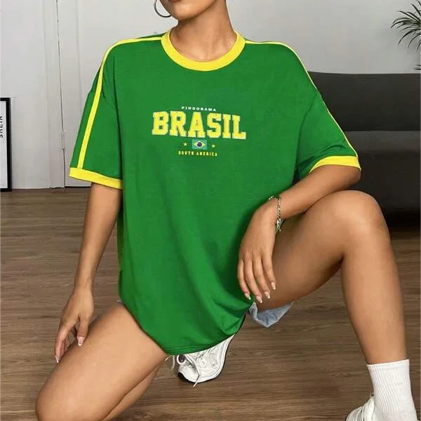 ZSSKASLCN Damen T Shirt Brasil Print - Grün Gelb Slim