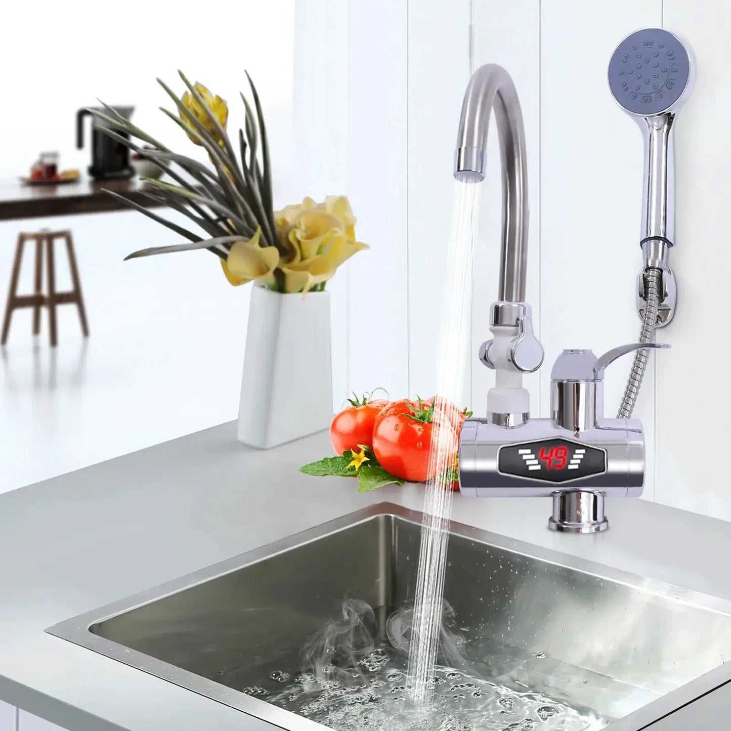 360 °   Drehbarer elektrischer Wasserhahn mit LCD-Display, 3000 W, schnelles Aufheizen, IPX4, wasserdicht, EU-Stecker für Waschbecken und Dusche, Silber