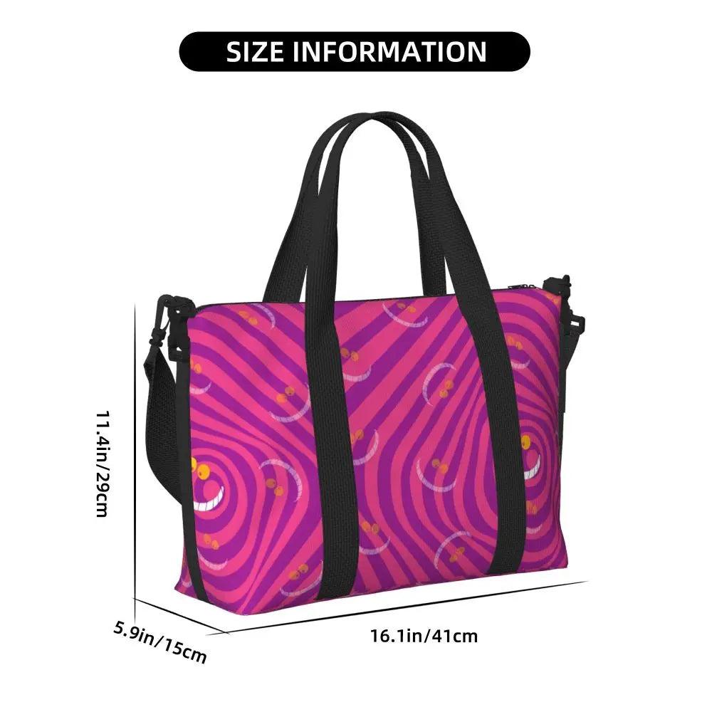 Custom Cheshire Cat Beach Tote Bag for Women We're All Mad Here Cat Big Compartment Gym Beach Travel Bags