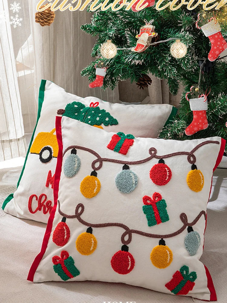 Decoration Cushion Cover Christmas Santa Snowflake Pillow Case Cotton Square Embroidery Pillow Cover 45x45cm