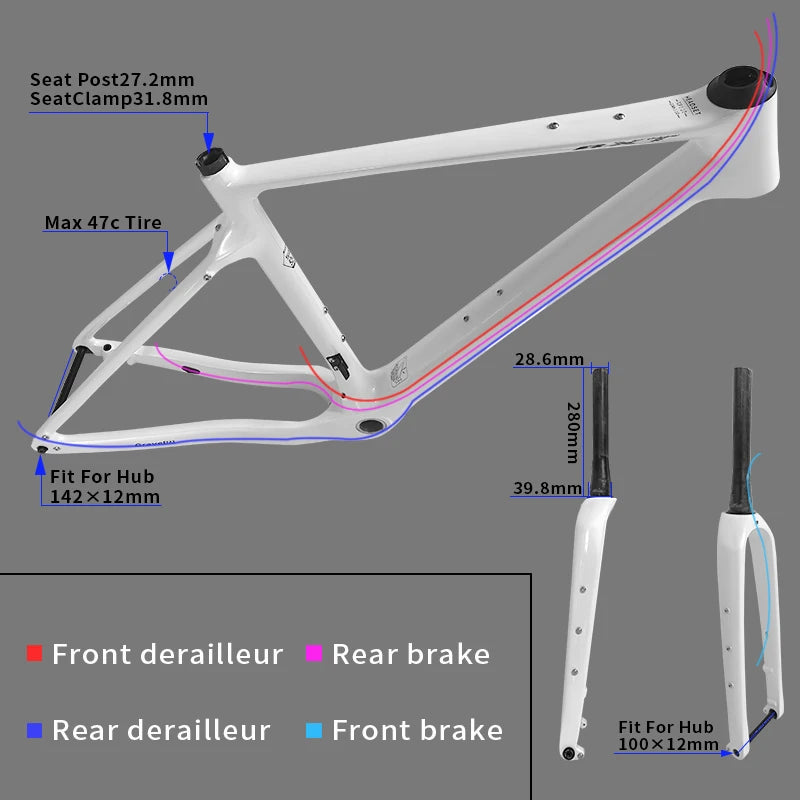 BXT Carbon Gravel Bike Frame Fully Hidden Cable Carbon Frame Fork Thru Axle Gravel Disc Brake Carbon MTB Road Bicycle Frame 27.5