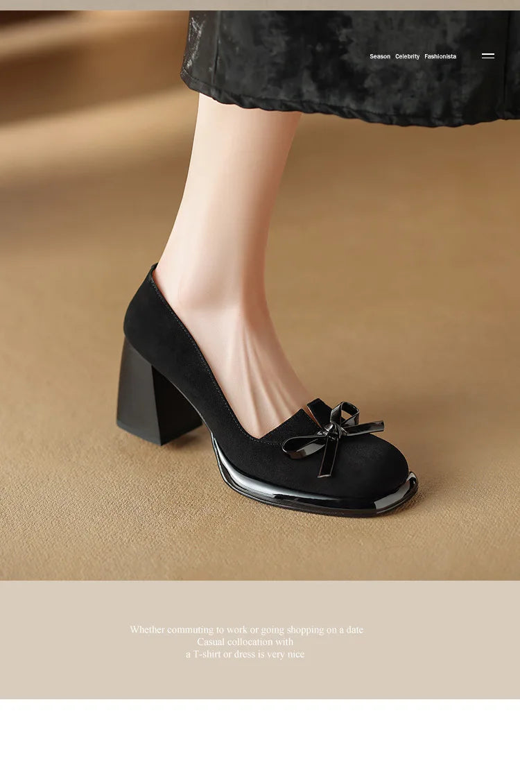 Women Shoes  Spring Retro High Heels Butterfly Knot Square Heel Faux Suede Commuting Elegant 6-8cm Pumps Tacones Para Mujer