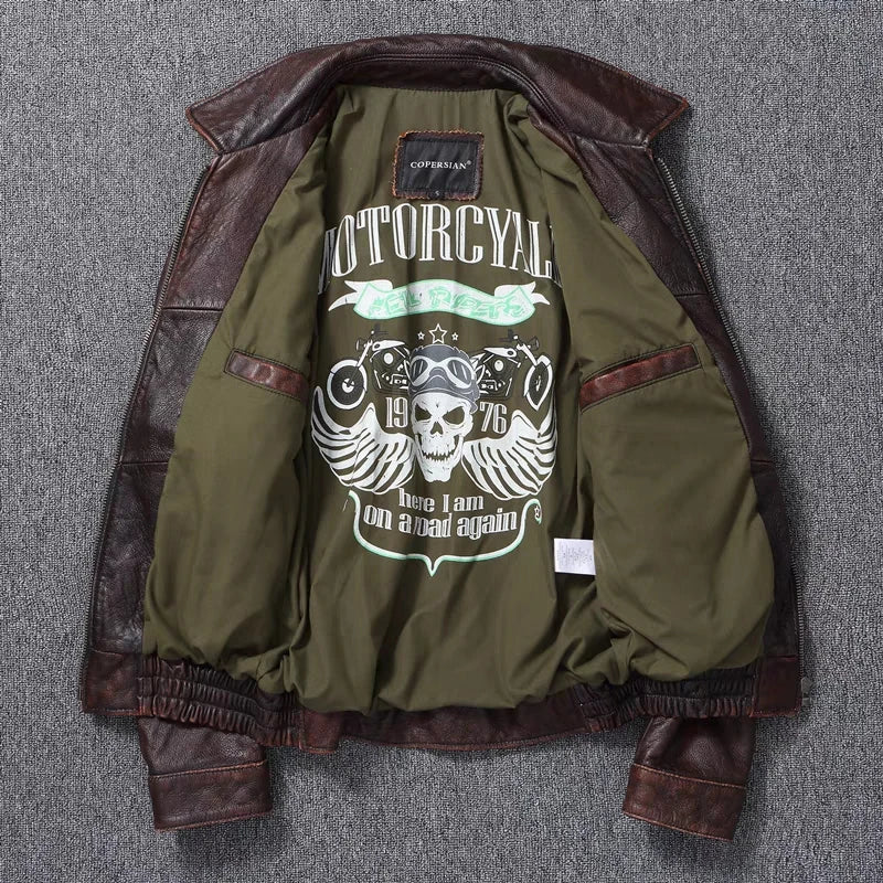 New Men's Genuine Leather Jacket Vintage Stone Milled Top Layer Cowhide Bomber Jacket A2 Brown Men's Calfskin Motorcycle Jacket