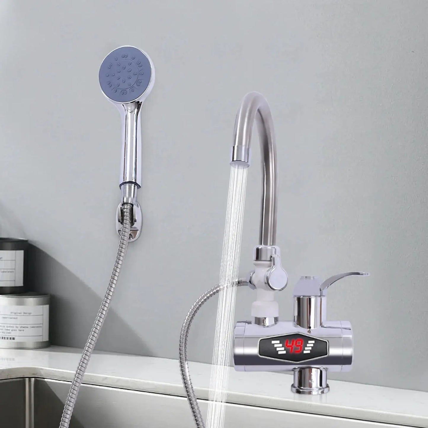 360 °   Drehbarer elektrischer Wasserhahn mit LCD-Display, 3000 W, schnelles Aufheizen, IPX4, wasserdicht, EU-Stecker für Waschbecken und Dusche, Silber