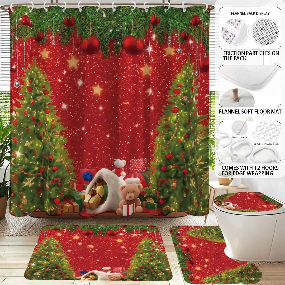 4pcs Merry Christmas Christmas Tree Printed Bathroom Set 180x180 Waterproof Shower Curtain, Floor Mat, U-shaped Mat, Toilet Mat
